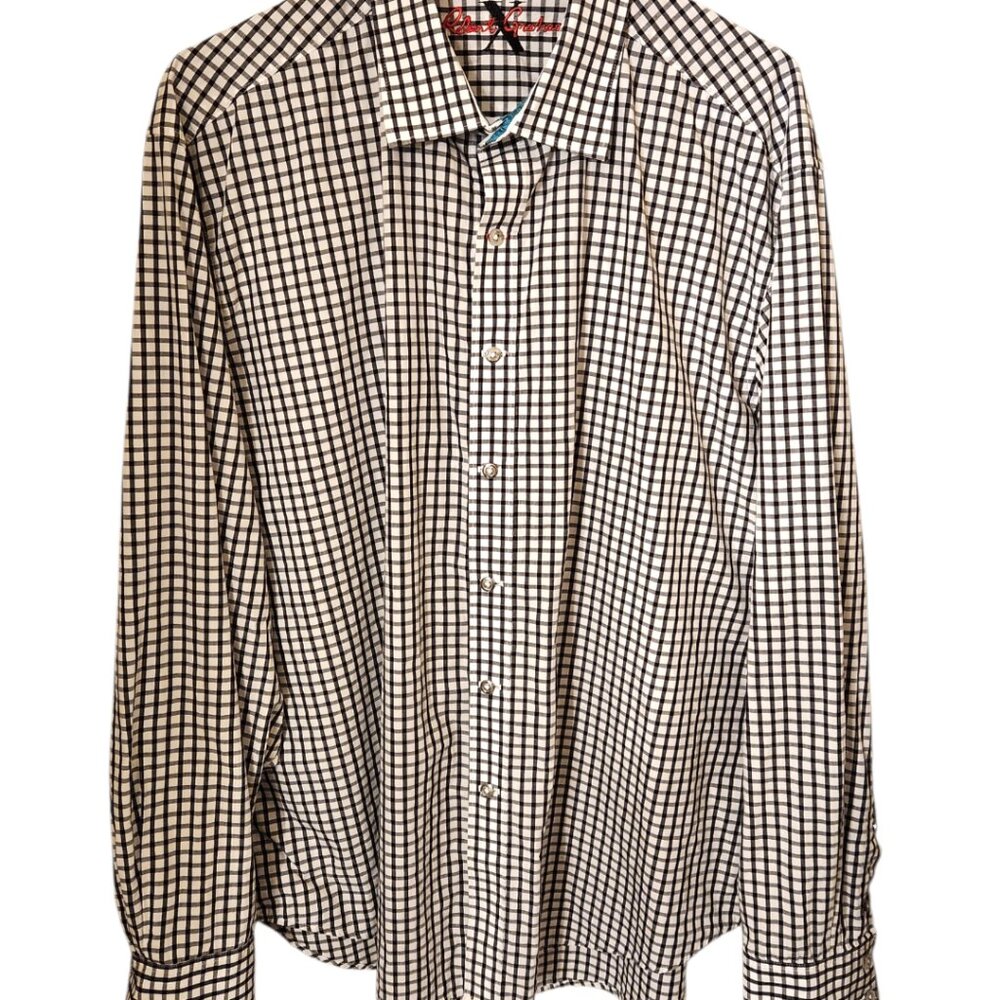 Robert Graham Shirt Mens Size 3XL White Black Check Plaid Long Sleeve Flip Cuff